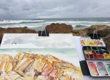 Sketching at Coolum Beach - ink and watercolour