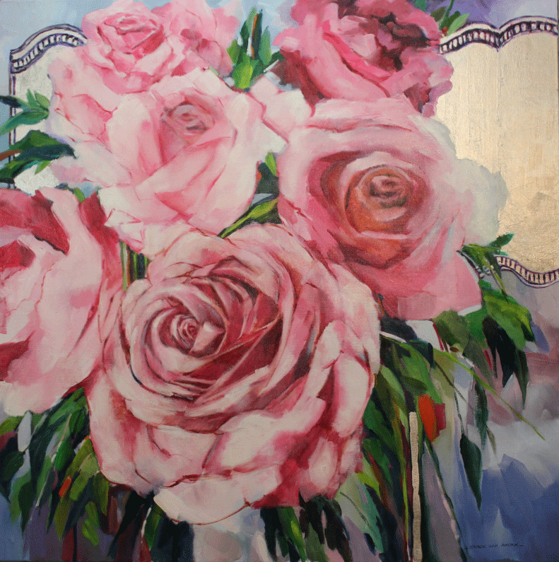 Pink Roses with mirrors, oil on linen, 900mm x 900mm