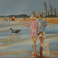Walking the dog, The Spit Gold Coast - oil on canvas